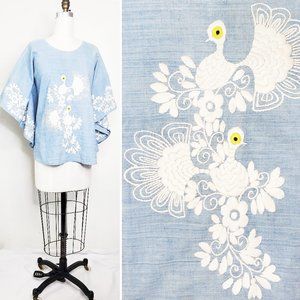 Vintage Jobea Womens Mexican Top Blouse Tunic White Peacock Embroidered Chambray